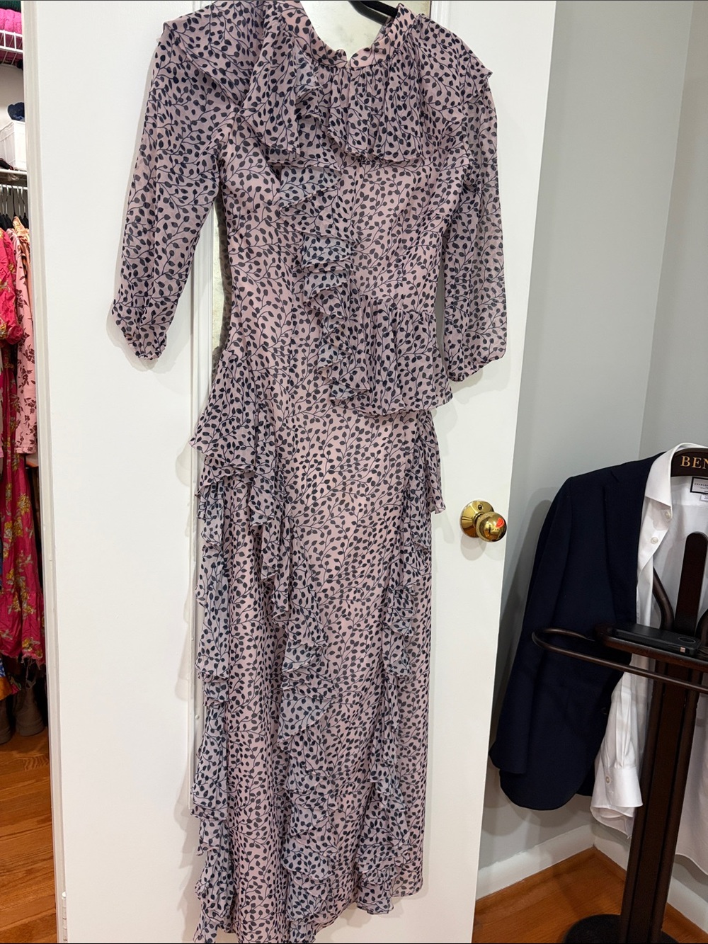 Mikael Aghal Pink Maxi Dress with Navy Leaf Print & Ruffles